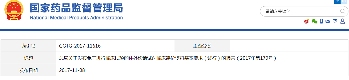 免于进行临床试验的体外诊断试剂临床评价资料基本要求（试行）（2017年第179号）(图1)