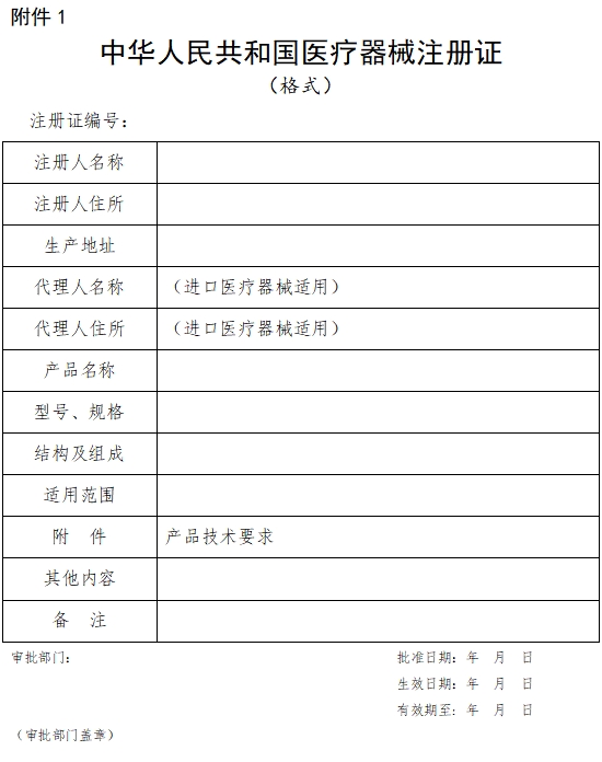 中华人民共和国医疗器械注册证（格式）（2021年第121号）(图1)